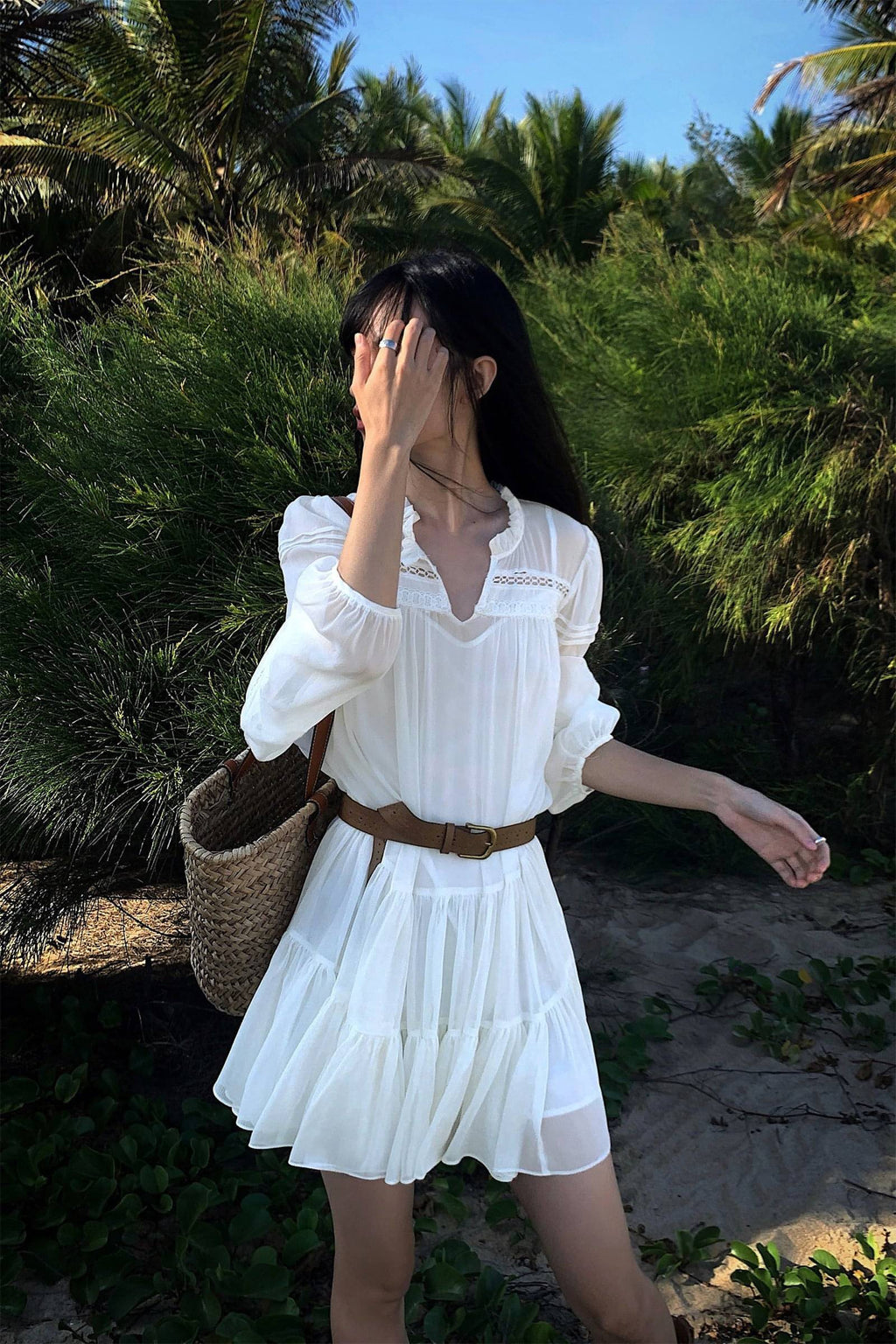 French-Style Ruffle Mini Shirt Dress