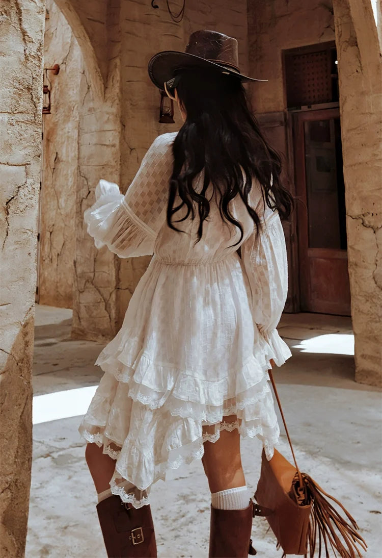 Maixu White Ruffle Long-Sleeve Midi Dress
