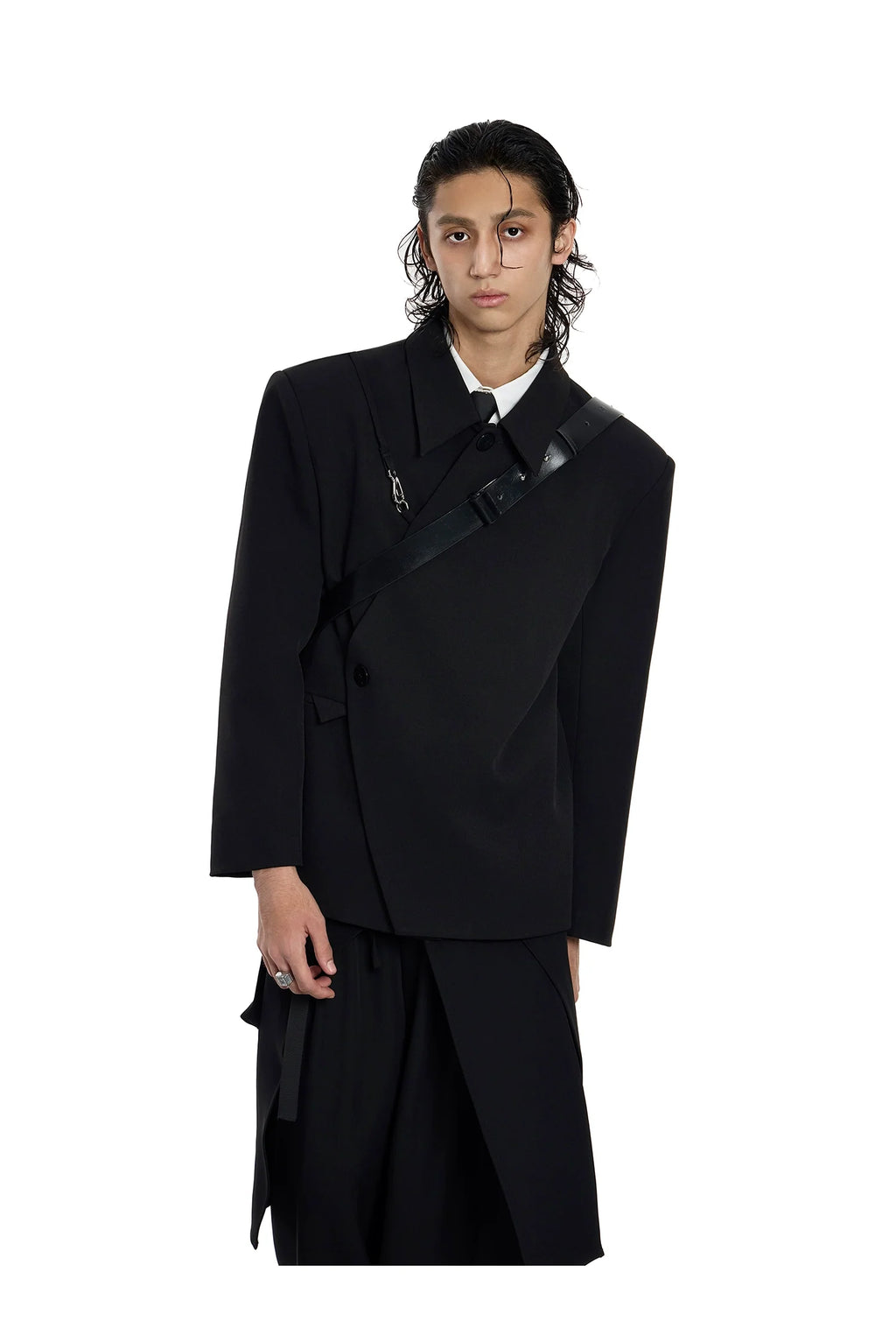 Asymmetrical Black Blazer with Safety Pin Detail