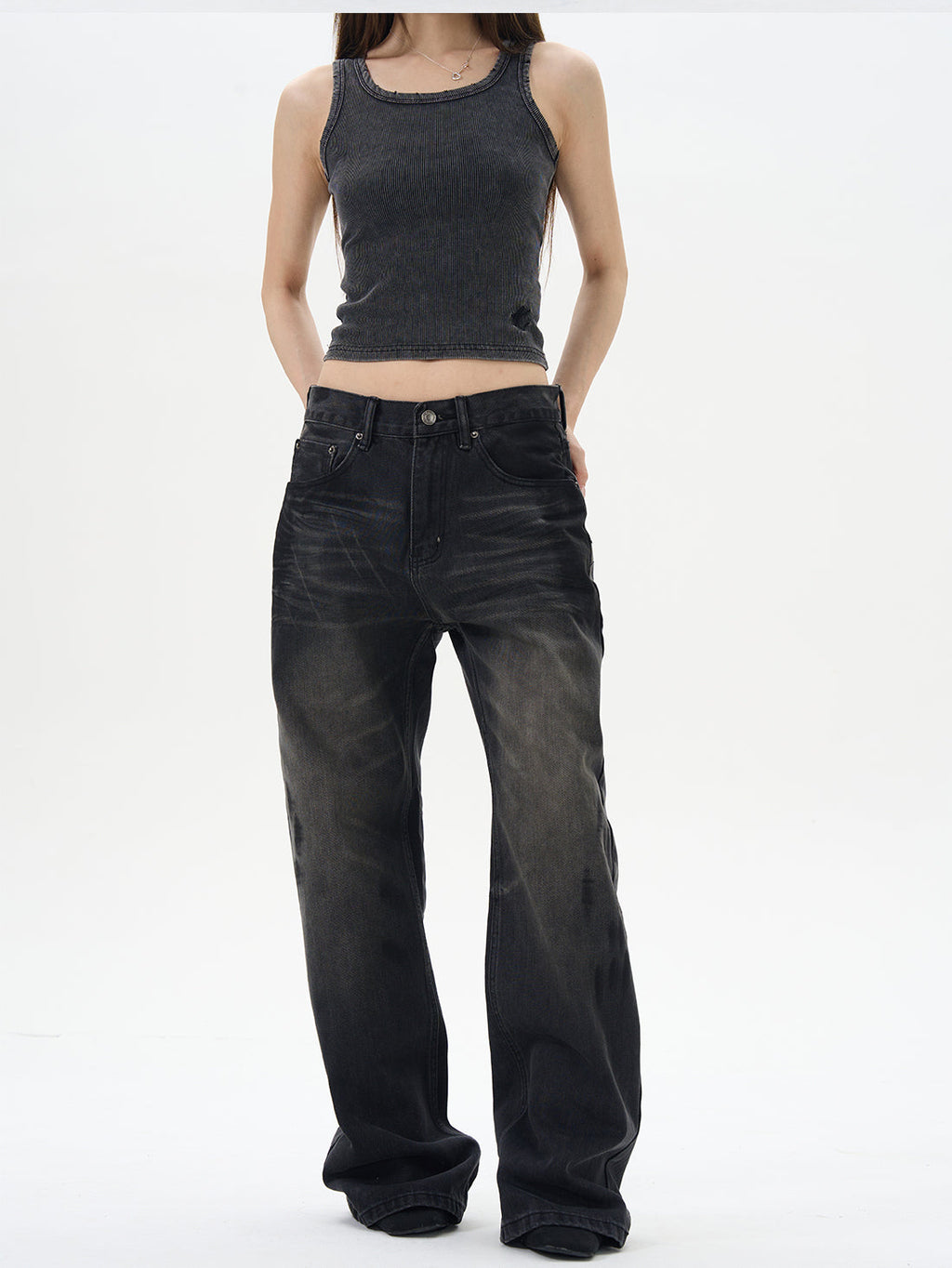 Washed Black Straight Loose Jeans