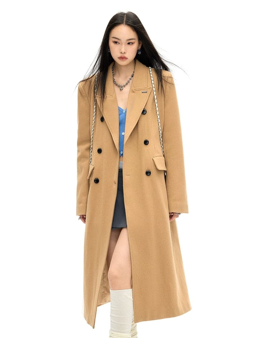 Double-Breasted Wool Long Coat - Slim Waist Tailored Winter Outerwear