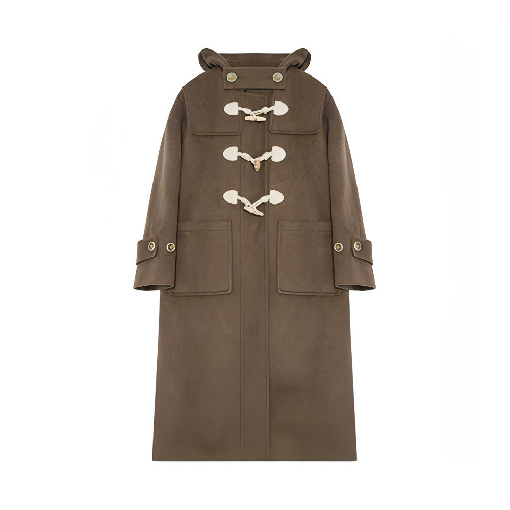 Winter Thicken College Style Hooded Mid-Length Melton Wool Coat