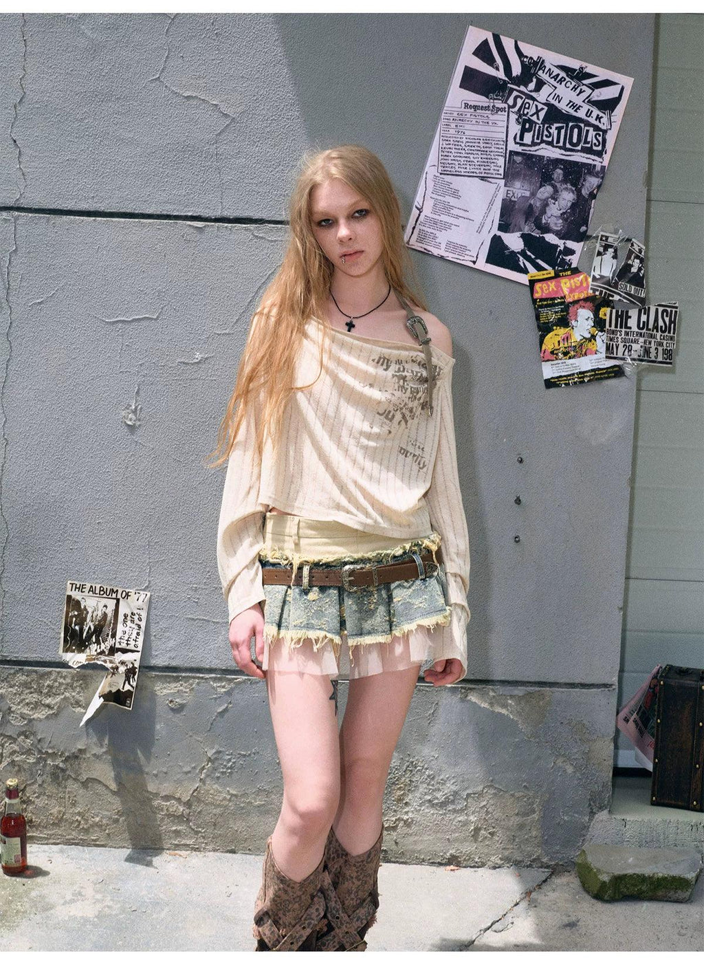 Cest Nous Layered Denim Mini Skirt - Women'S Distressed Patchwork Skirt With Belt