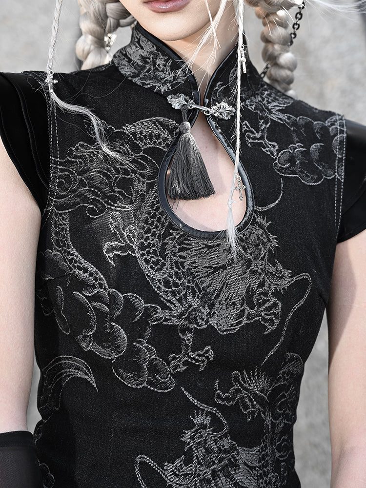 Black Floral Qipao Mini Dress