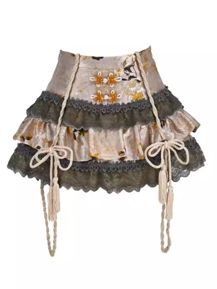 BLOOD SUPPLY Floral Lace Rope-Detail Lolita Mini Skirt