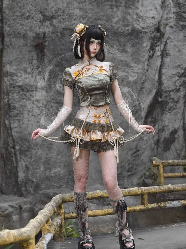BLOOD SUPPLY Floral Lace Rope-Detail Lolita Mini Skirt