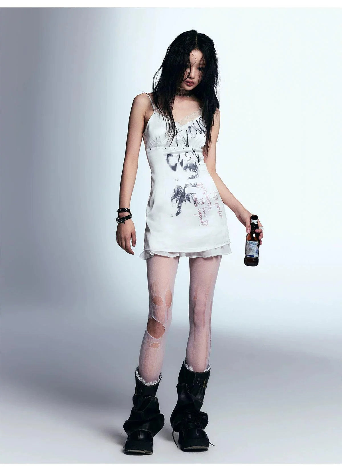 White Distressed Graphic Tank Dress - Women'S Sleeveless Mini Bodycon With Grunge Print