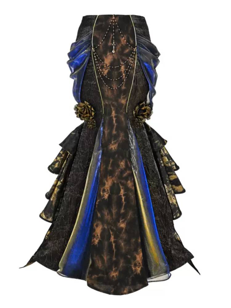 Blue Velvet Victorian Bustle Maxi Skirt