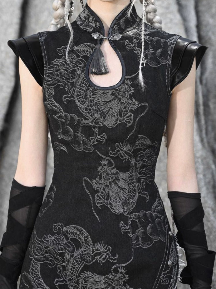 Black Floral Qipao Mini Dress