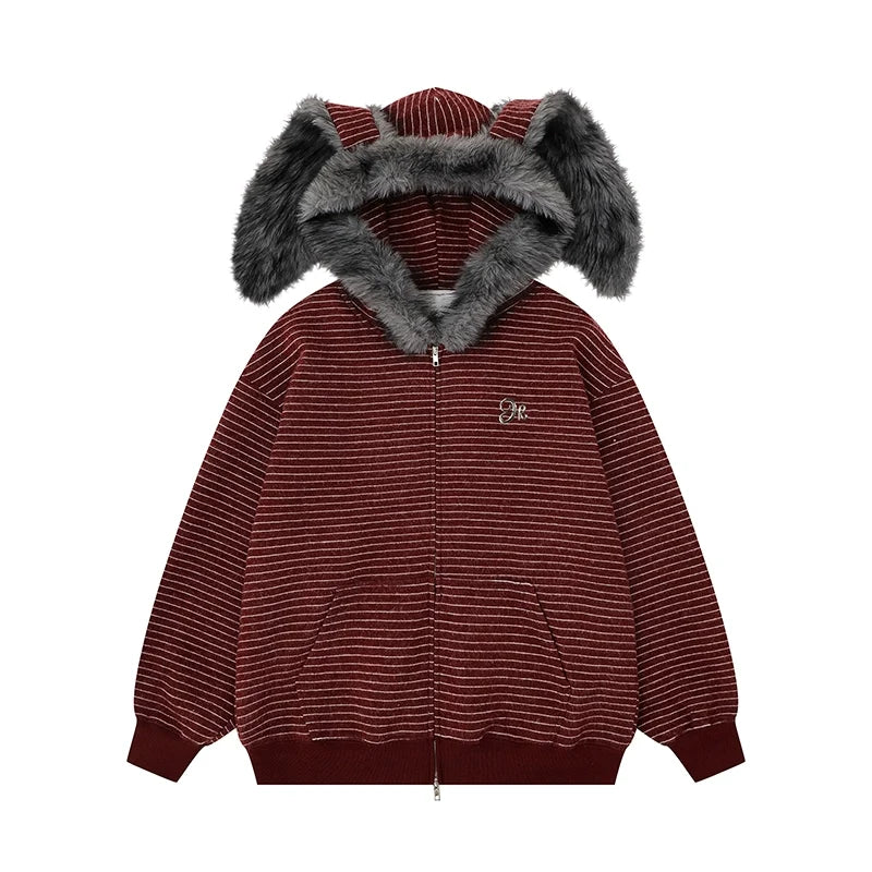 Fluffy Bunny-Ear Striped Hoodie