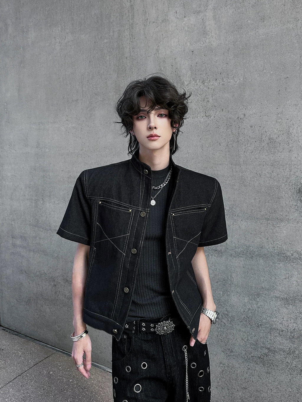 Iron Grid High-Collar Utility Denim Jacket