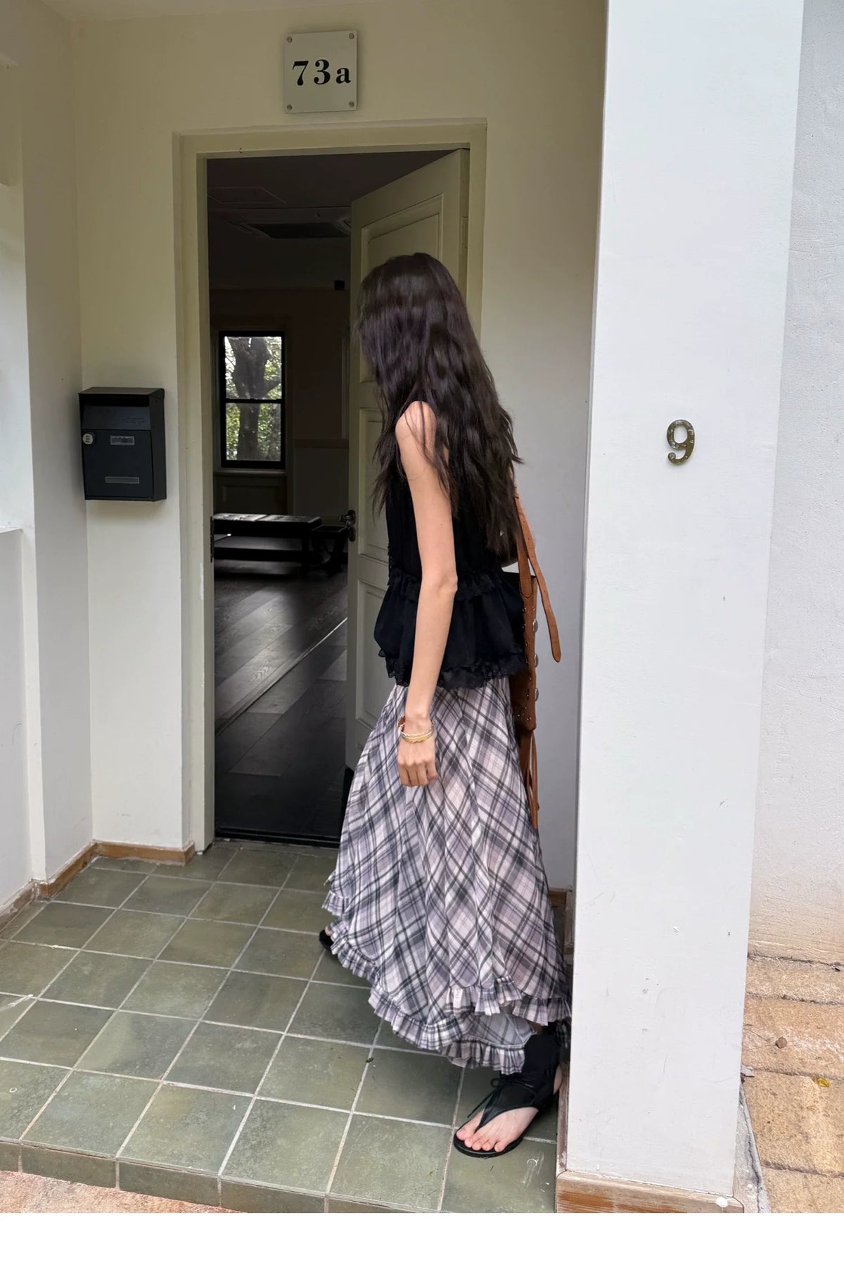 Plaid Chiffon Asymmetric Hem Skirt