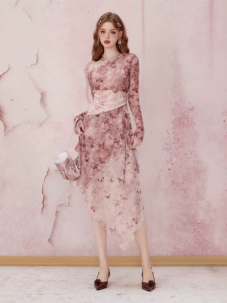 Pink Floral Long Sleeve Midi Dress
