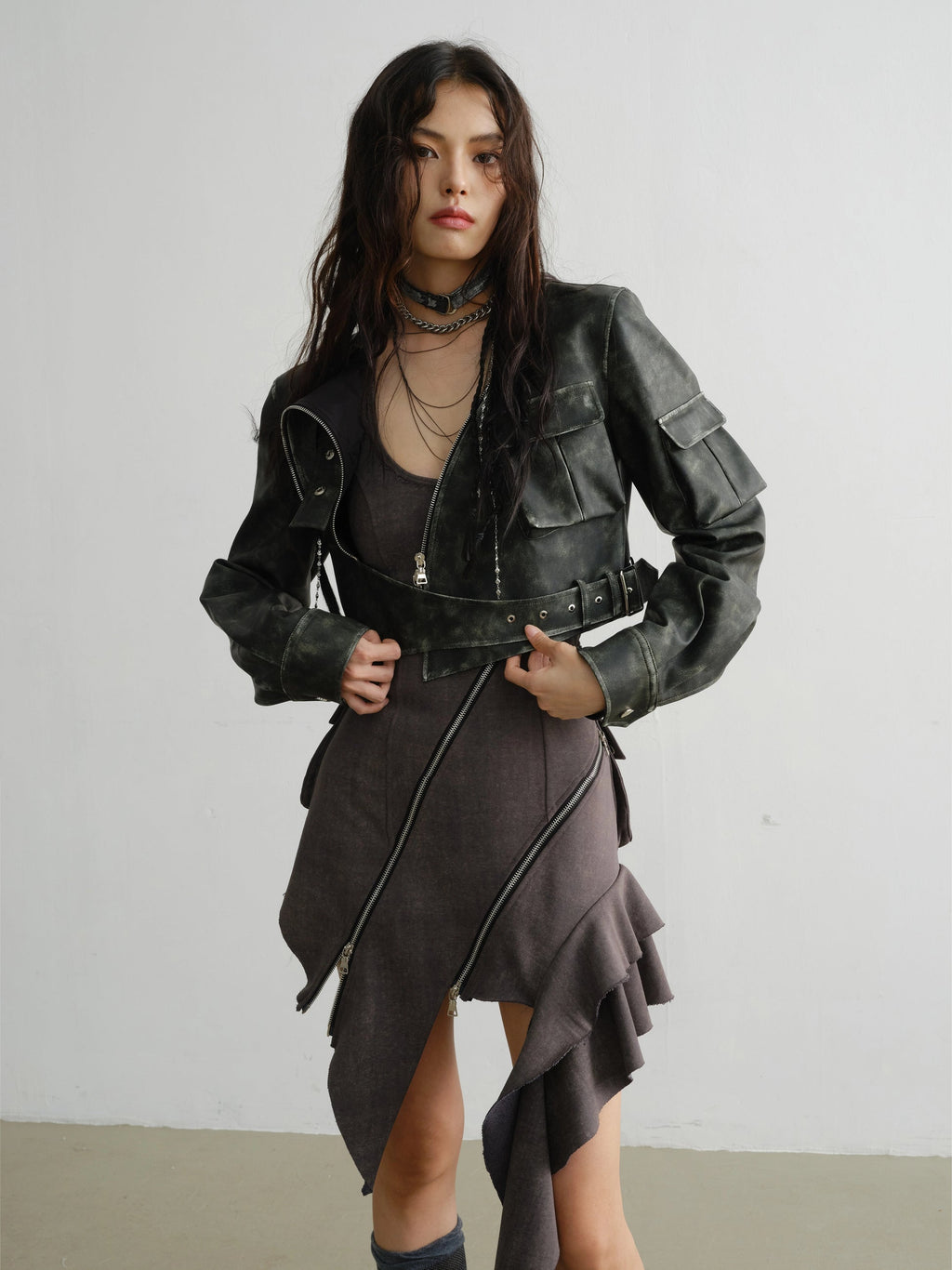 Elegant Ruffled Suspender Dress With Unique Zipper Detail