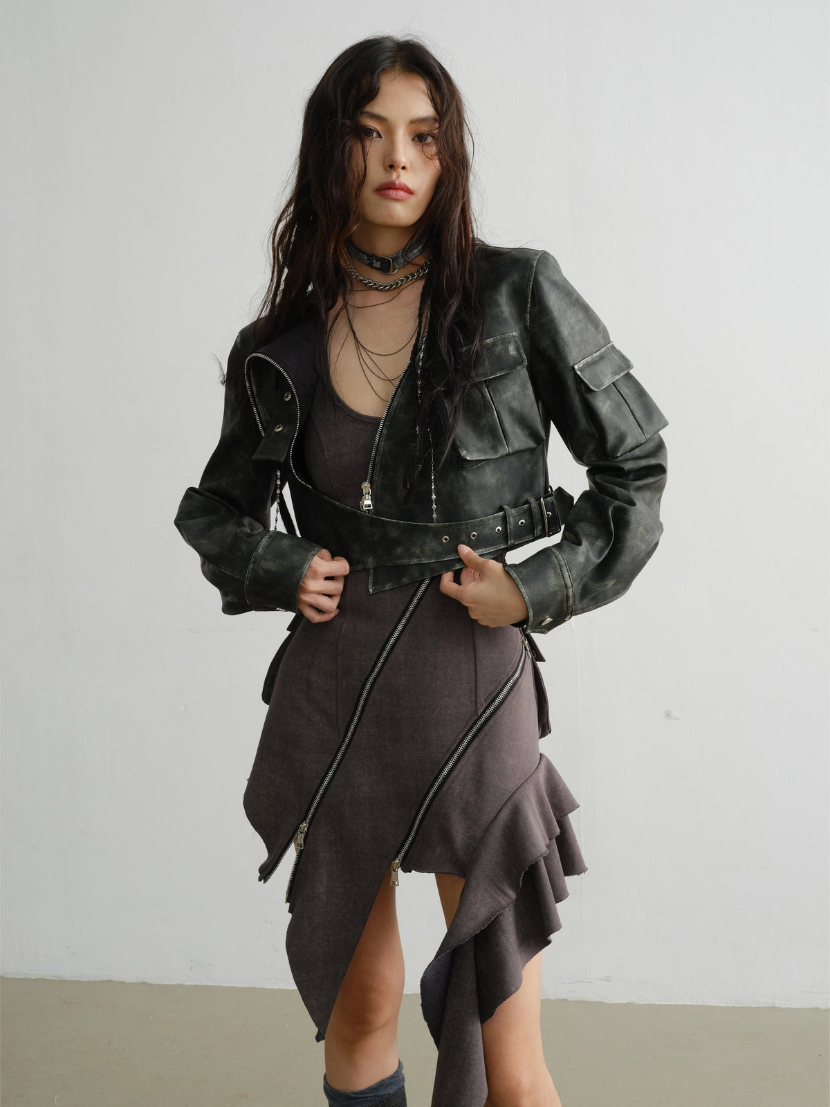 Elegant Ruffled Suspender Dress With Unique Zipper Detail