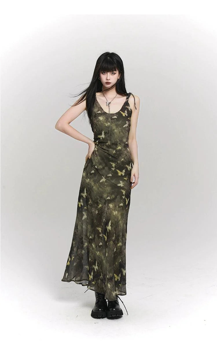 Woodland Whisper Maxi Dress - Women'S Camo-Inspired Butterfly Print Slip Dress