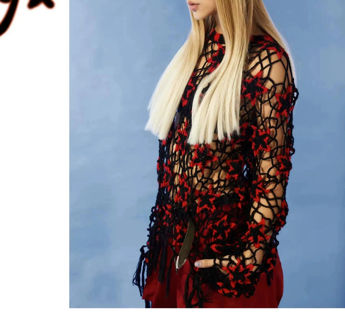 Red And Black Floral Crochet Sweater