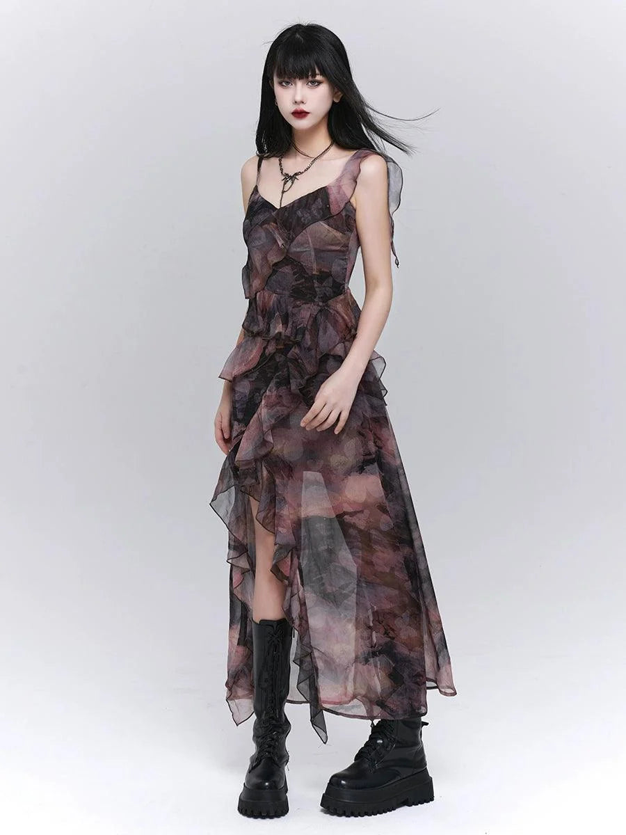 Dark Glamour Asymmetrical Maxi Dress - Women'S Sheer Floral Print Ruffle Dress With High Slit