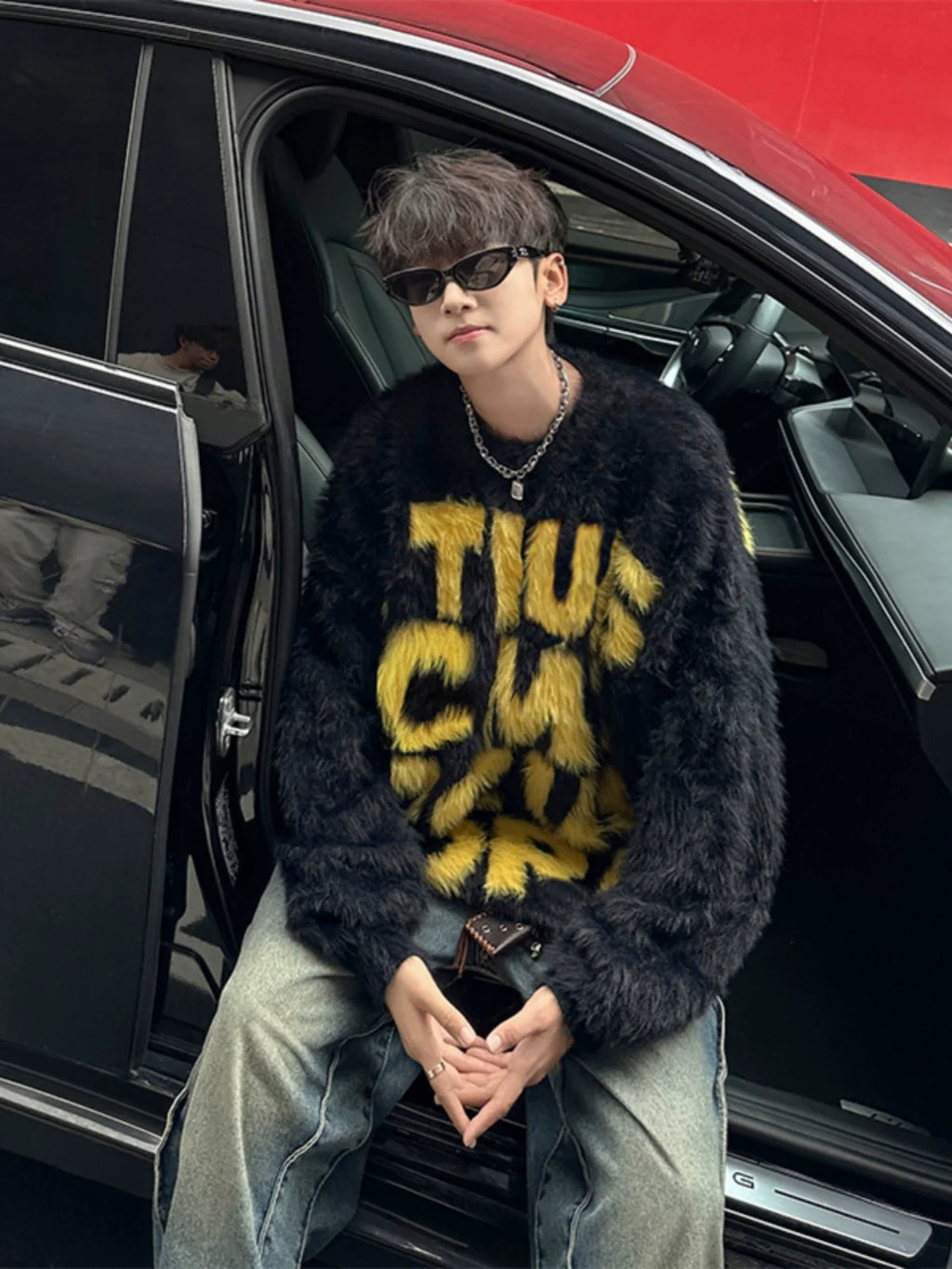 Fuzzy Sweater with Bold Lettering