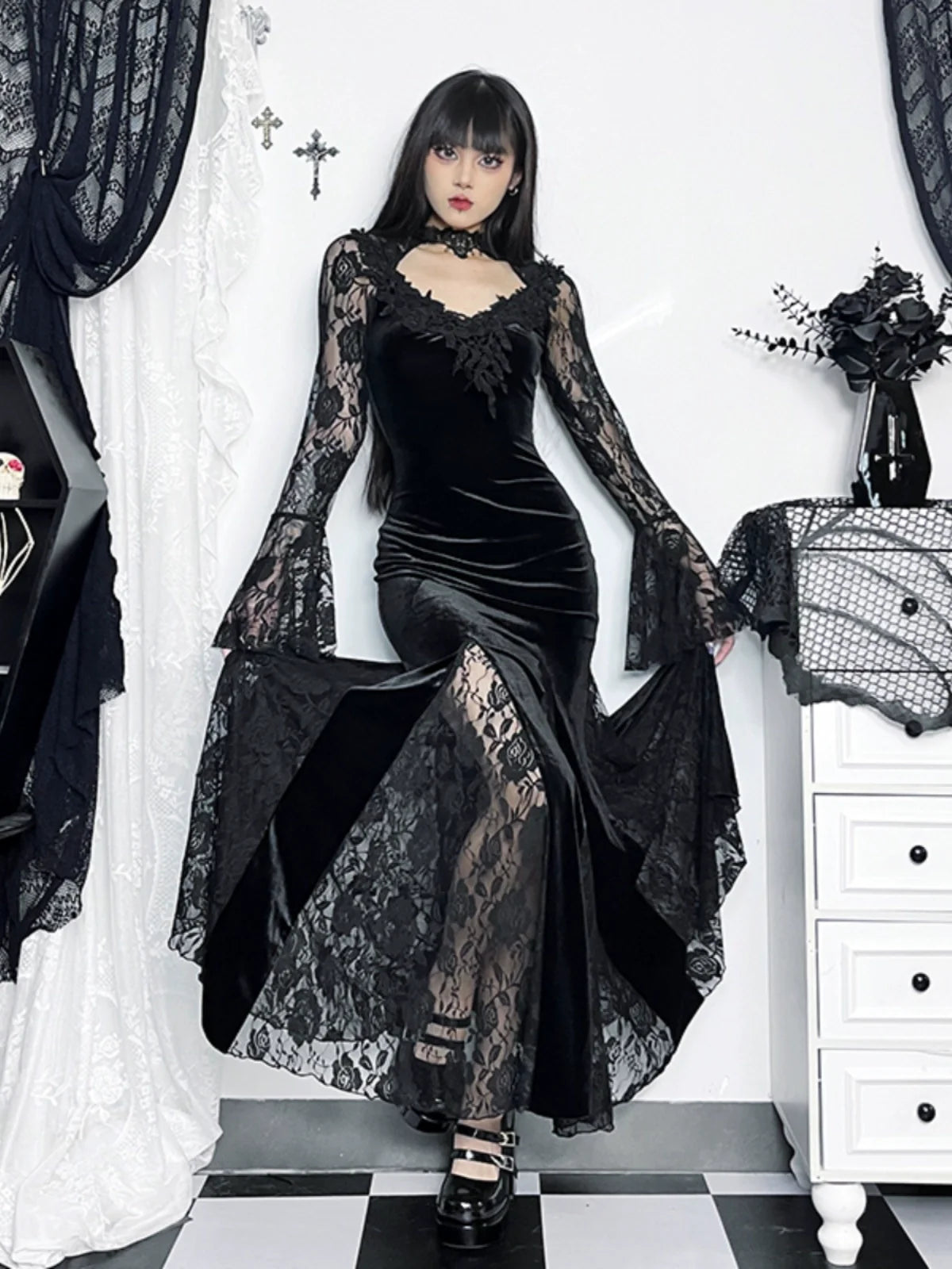 Gothic Velvet Mermaid Gown-Long Sleeve Lace Floor-Length Dress With High Collar