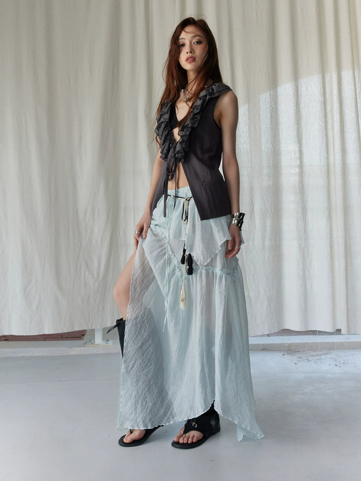 Dark Ruffle Vest & Green Layered Skirt