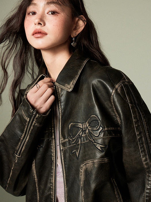 DIDDI MODA Bow-Detail Colorblock Faux-Leather Jacket