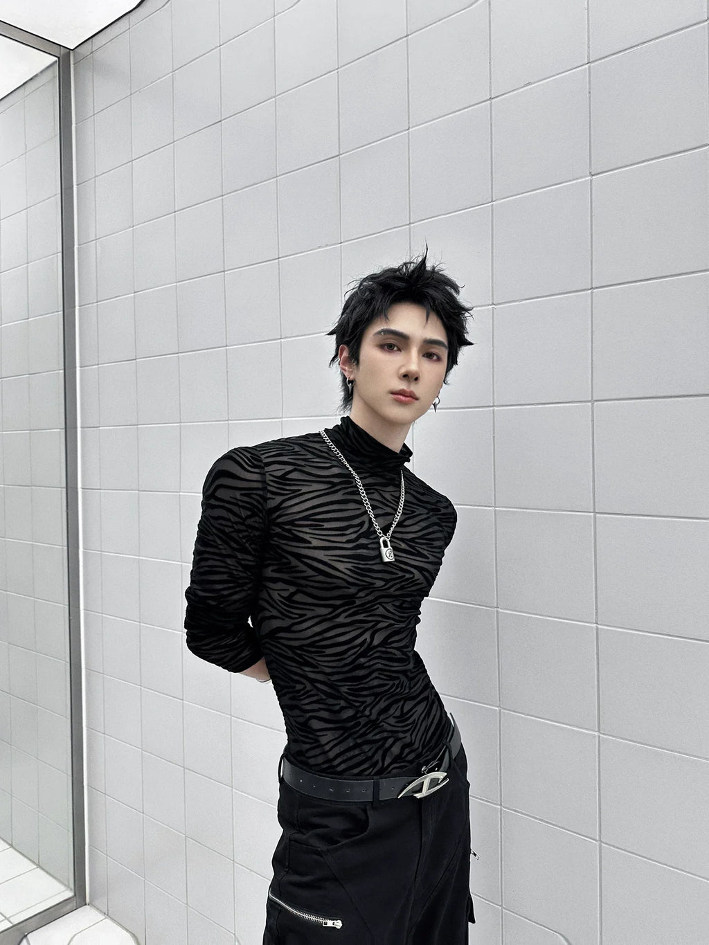 Shadowstripe Sheer Mesh Turtleneck