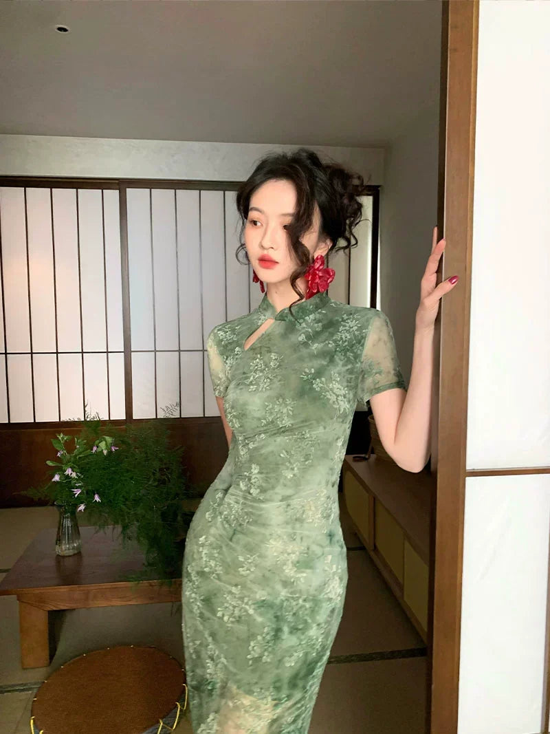 Sheer Floral Cheongsam-Inspired Maxi Dress