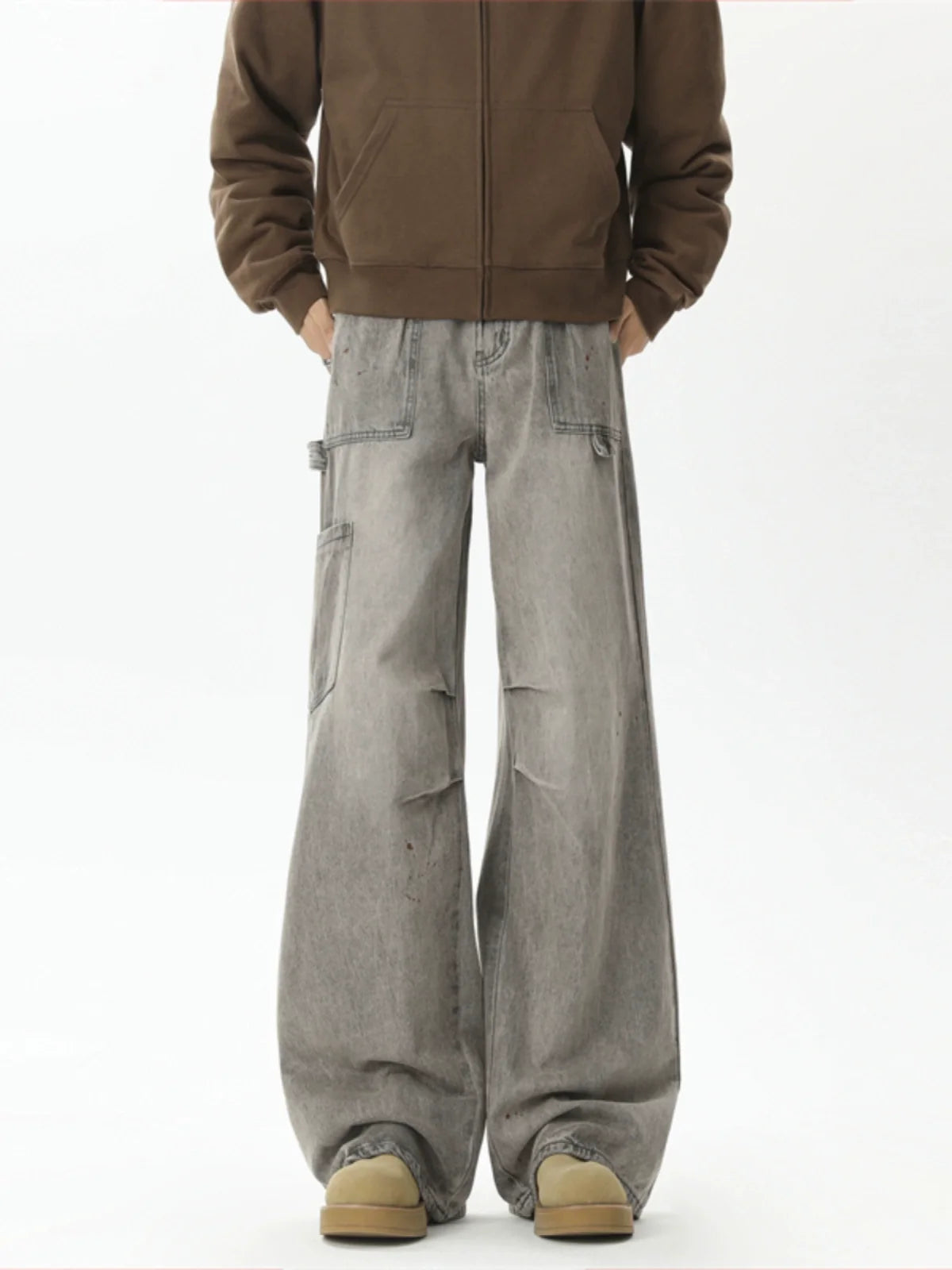 Wide Leg Washed Denim Cargo Pants
