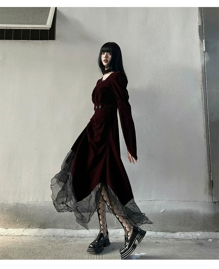 Burgundy Velvet Gothic Maxi Dress