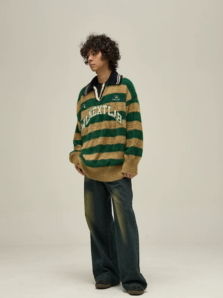 Fuzzy Striped Rugby Collar Sweater