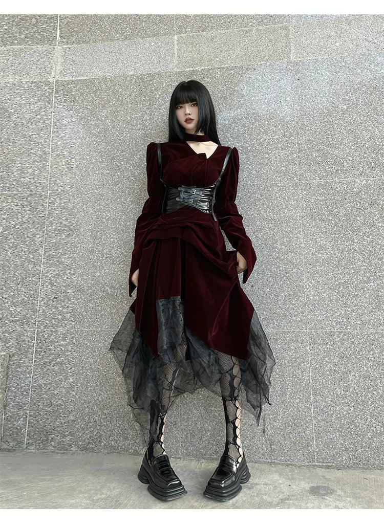 Burgundy Velvet Gothic Maxi Dress
