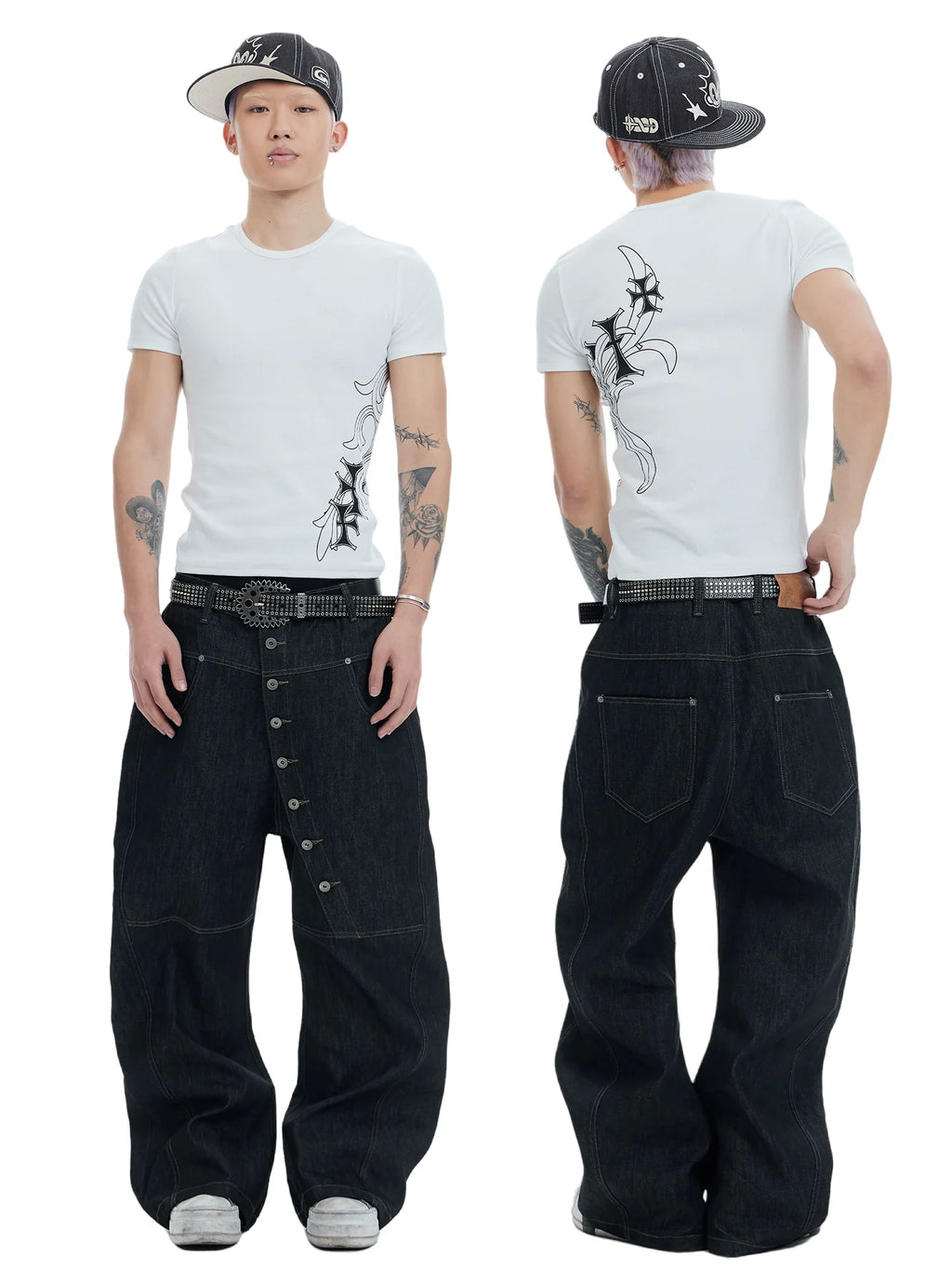 Asymmetric Button Wide-Leg Jeans