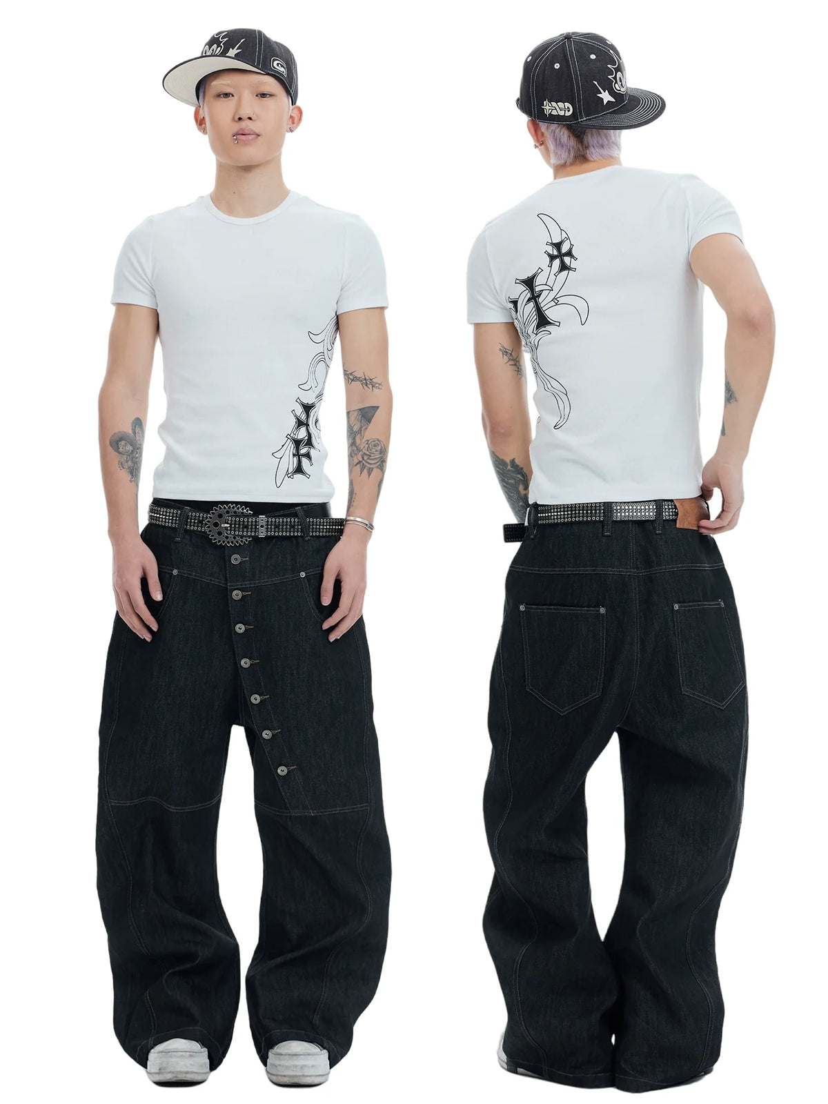 Asymmetric Button Wide-Leg Jeans