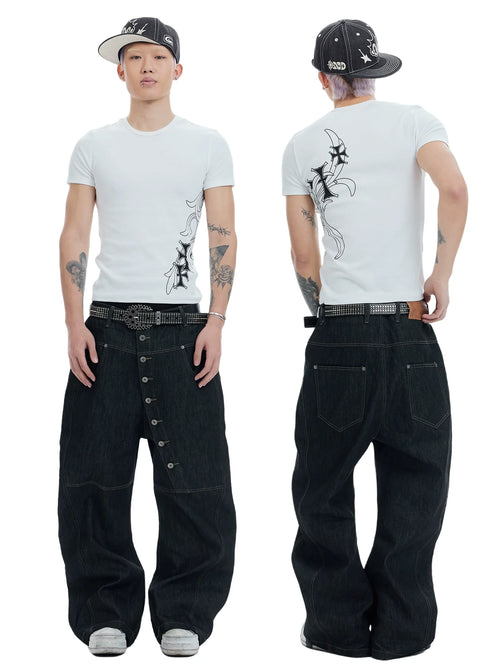 Asymmetric Button Wide-Leg Jeans