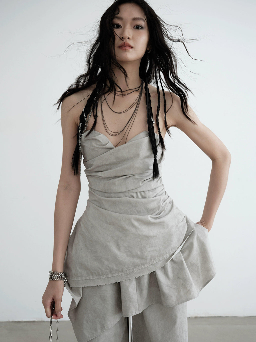 Strapless Draped Mini Dress - Women'S Light Gray Ruched Bodycon With Asymmetric Hem
