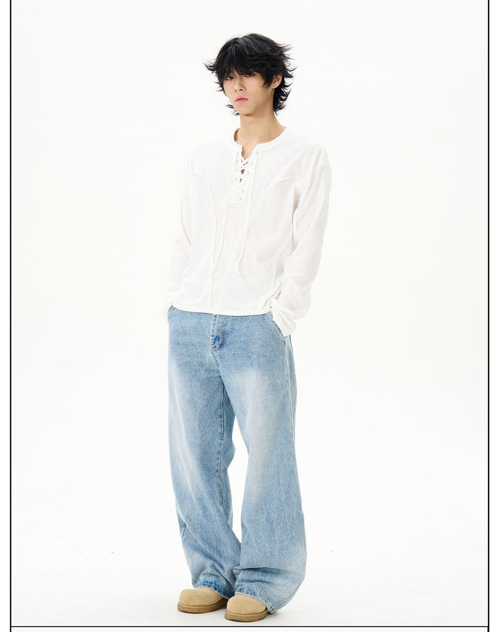 White Linen Lace-Up Henley Shirt