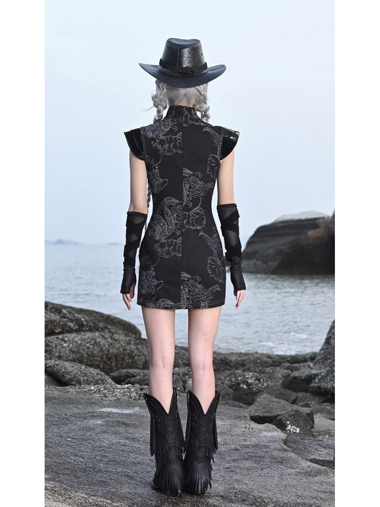 Black Floral Qipao Mini Dress
