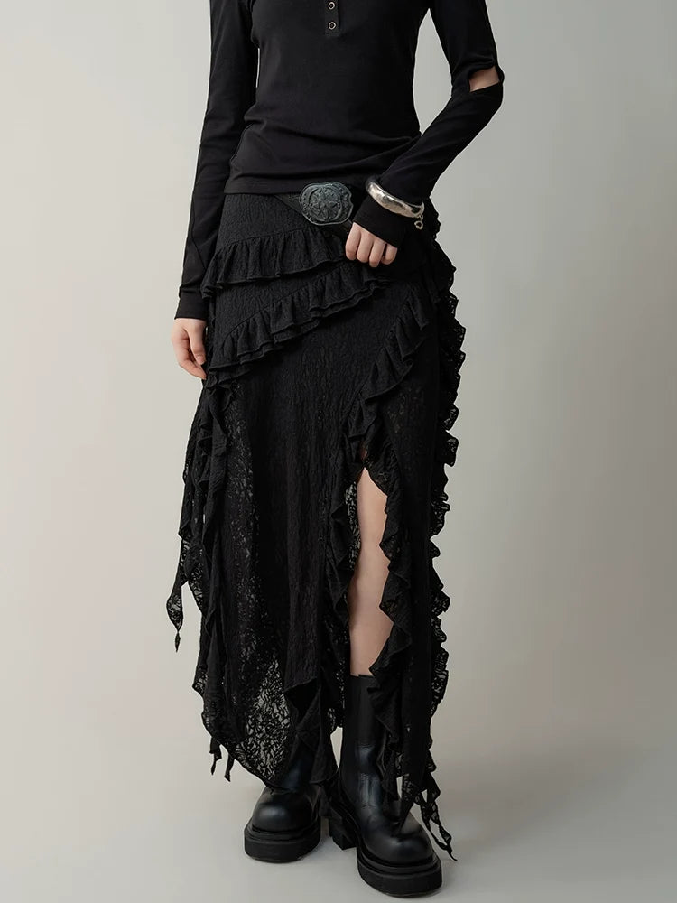 Ruffled Layer Asymmetrical Midi Skirt
