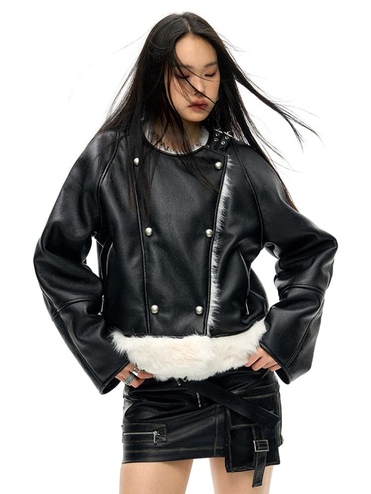 Oversized Faux Leather Jacket with Faux Fur Collar - Sustainable Vegan Outerwear