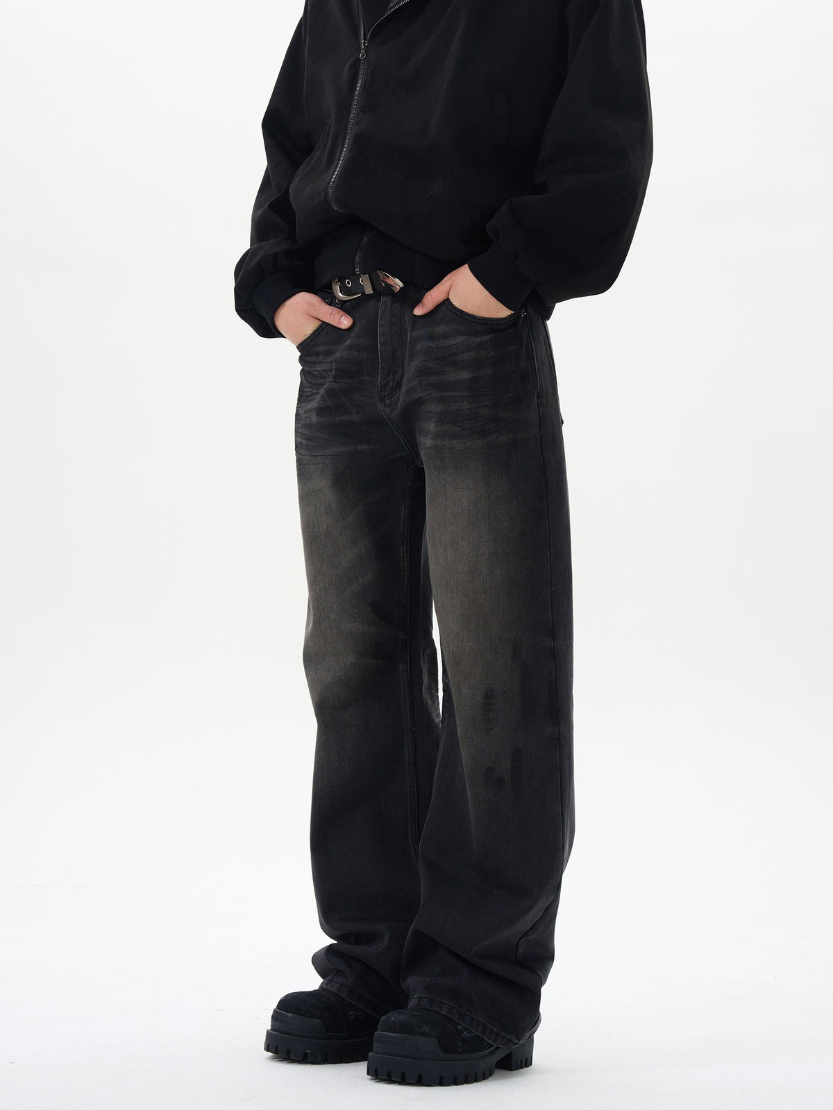 Washed Black Straight Loose Jeans