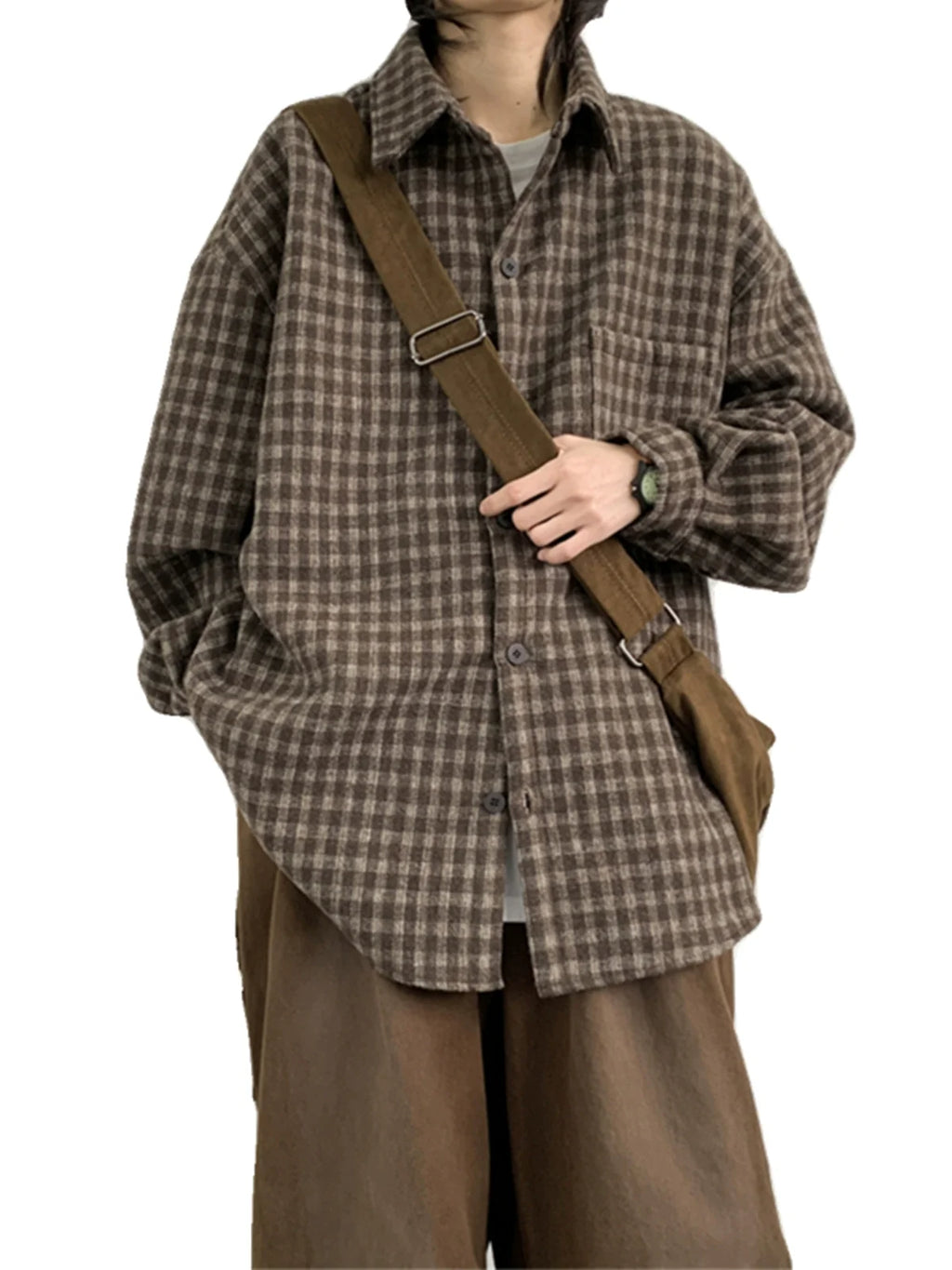 Oversized Brown Plaid Flannel Shirt