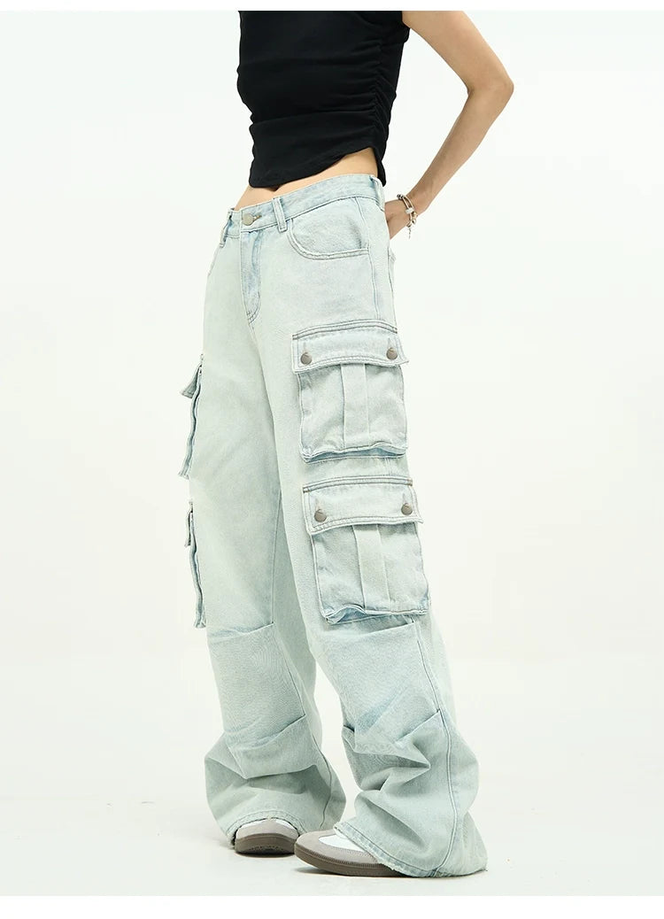 Light Wash Baggy Cargo Jeans with Multiple Flap Pockets