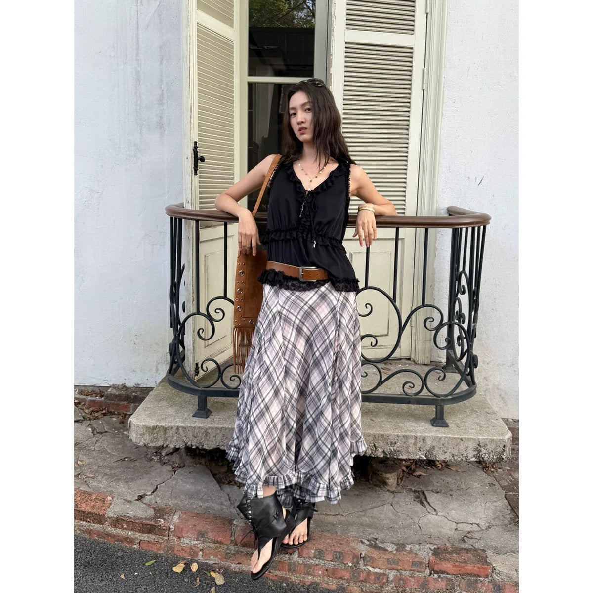 Plaid Chiffon Asymmetric Hem Skirt