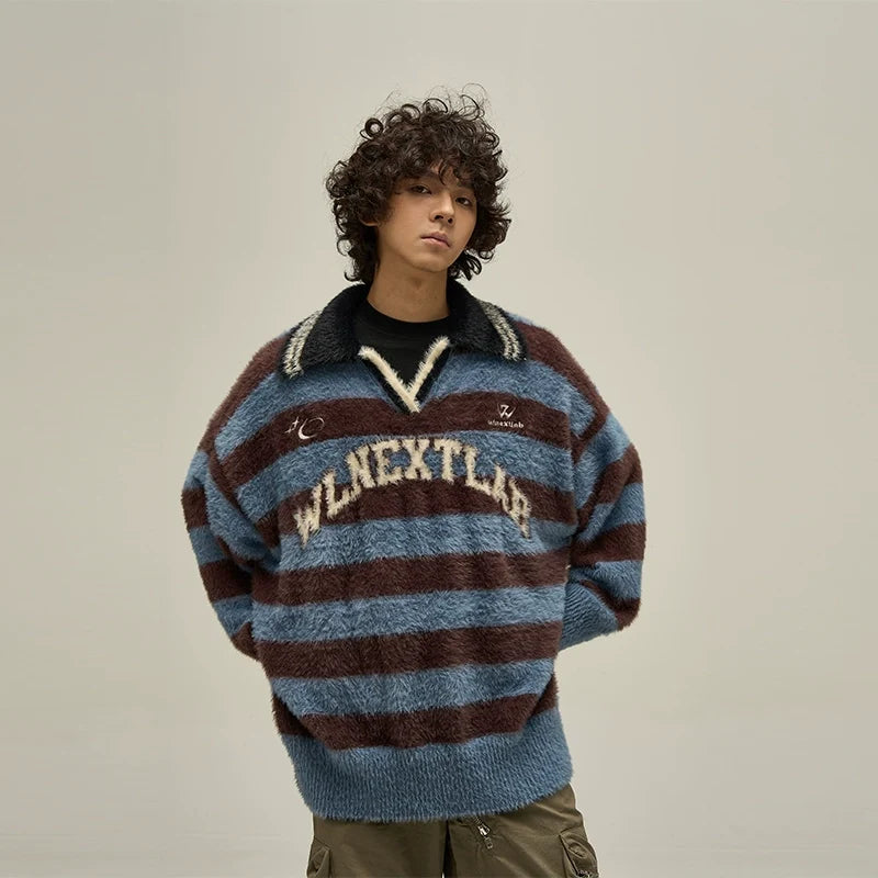 Fuzzy Striped Rugby Collar Sweater