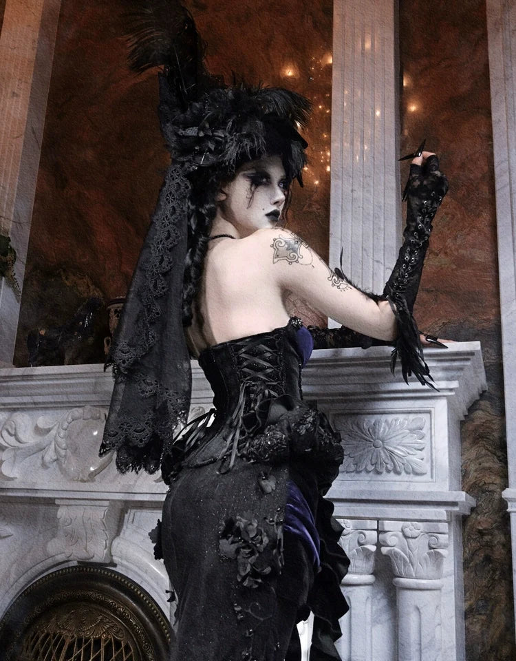Gothic Black Velvet and Sheer Floral Mermaid Skirt