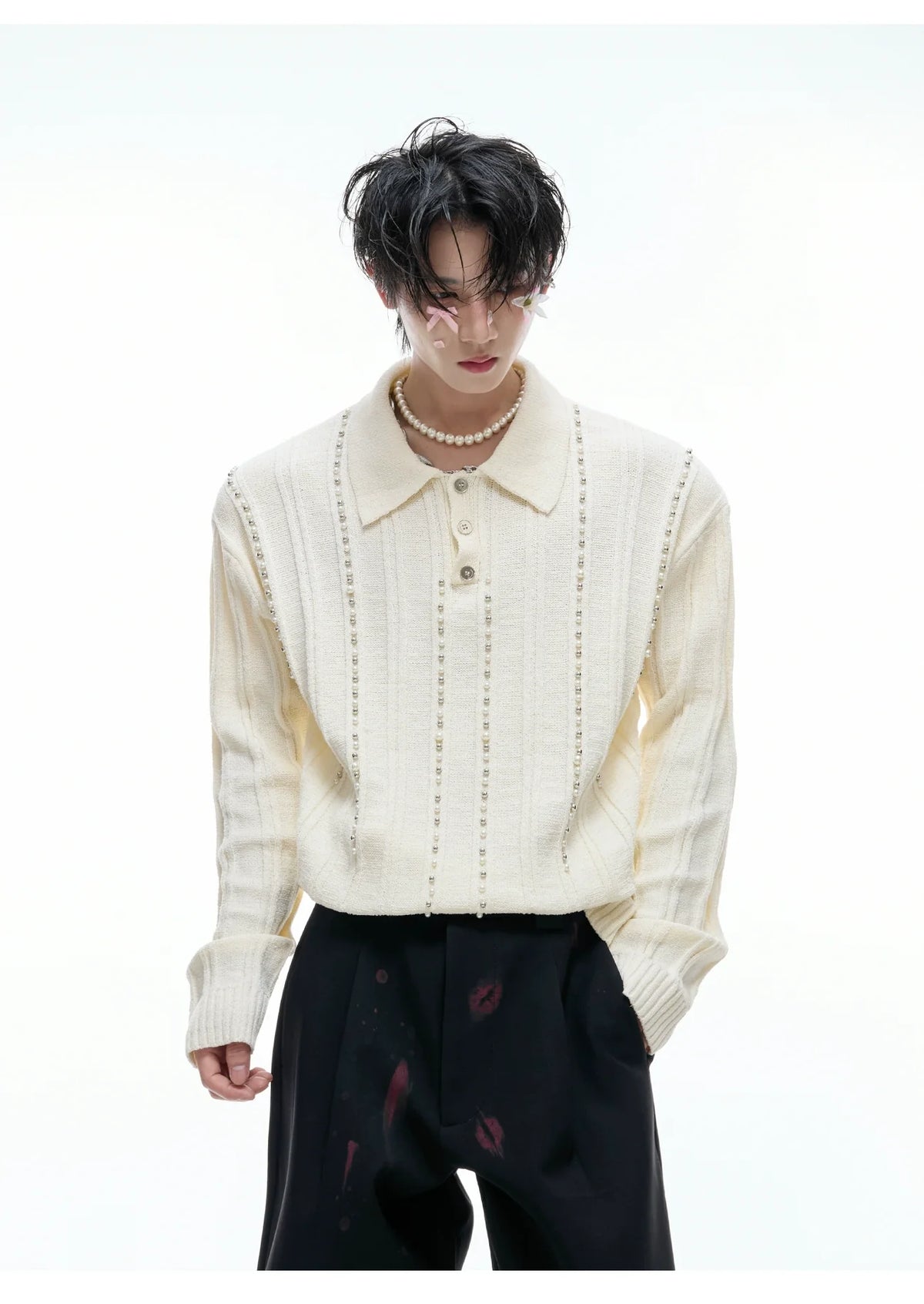 Beaded Knit Polo Sweater