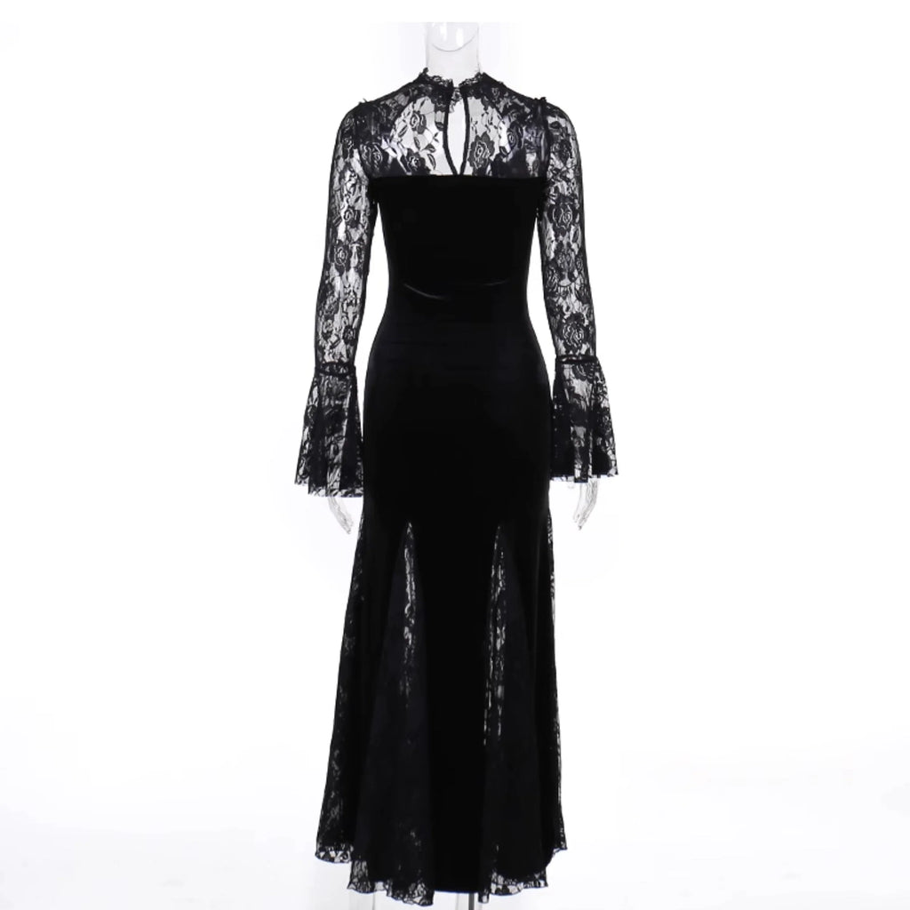 Gothic Velvet Mermaid Gown-Long Sleeve Lace Floor-Length Dress With High Collar