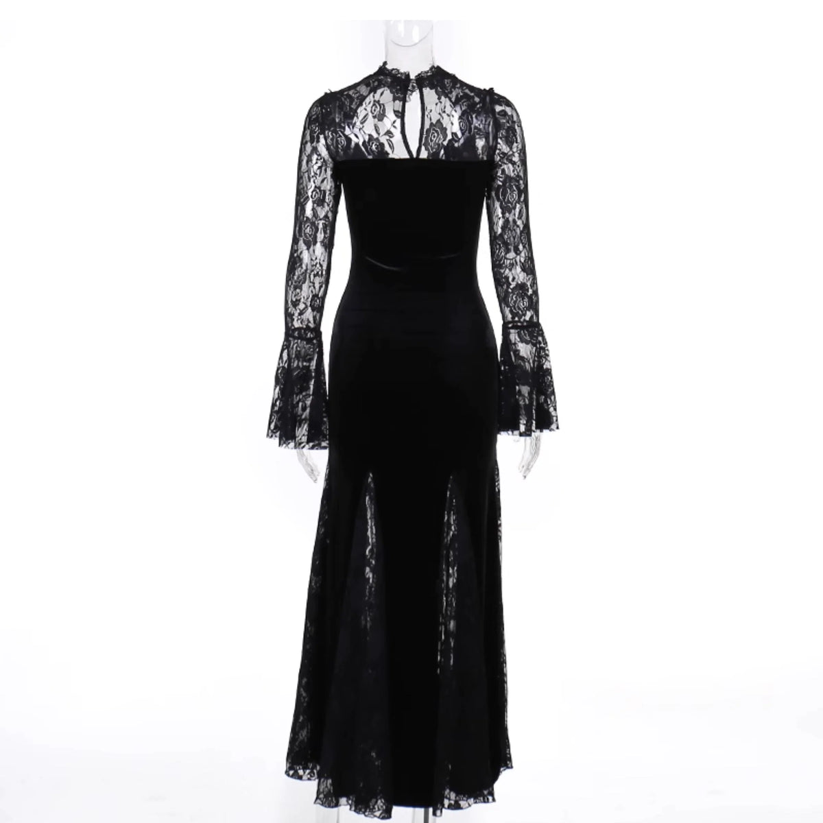 Gothic Velvet Mermaid Gown-Long Sleeve Lace Floor-Length Dress With High Collar