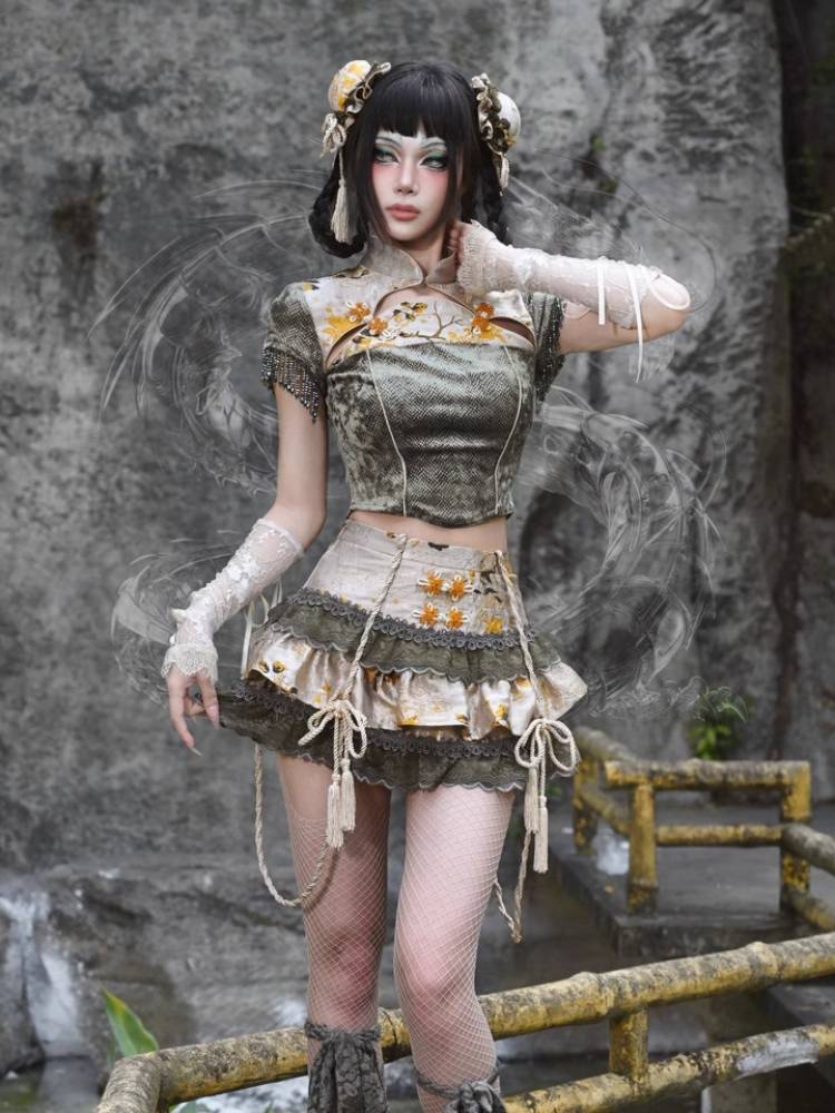 BLOOD SUPPLY Floral Lace Rope-Detail Lolita Mini Skirt